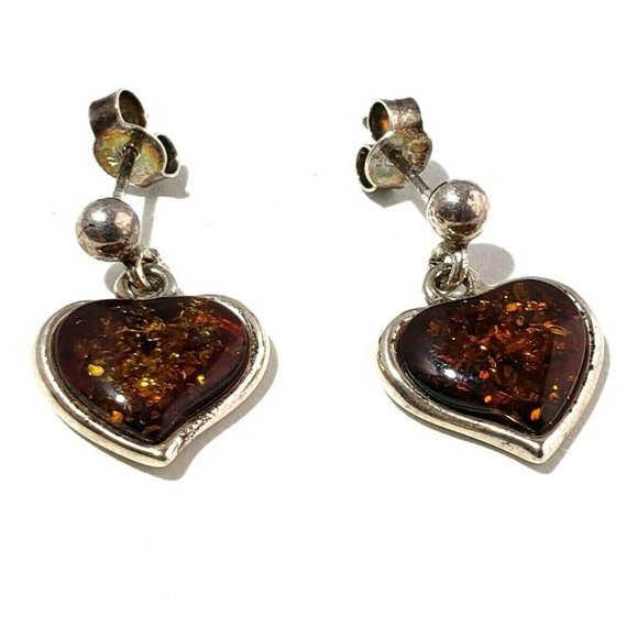 JK Designs Sterling Silver Baltic Amber Heart Dangle Earrings - Picture 3 of 7